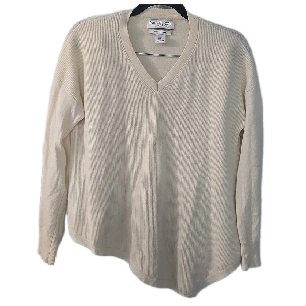 Rachel Zoe Ivory 100% Cashmere‎ V-Neck Sweater Asymmetrical Hem Size Medium